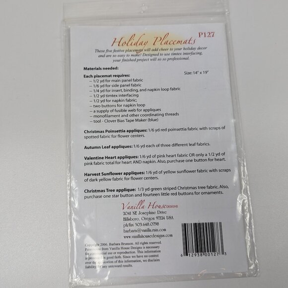 Vanilla House Designs Holiday Placemats #p127 Pattern 2006 - Picture 2 of 4